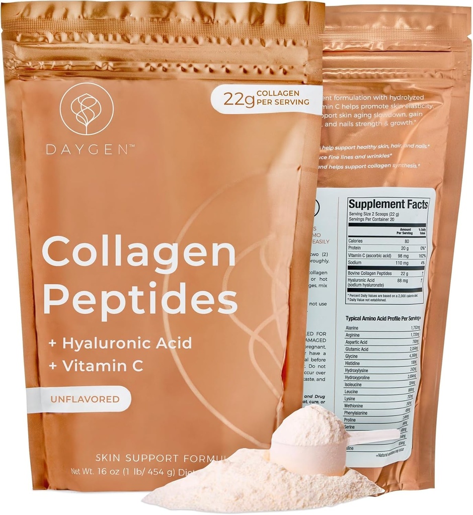 Collagen Peptide Pulver mit Hyaluronsäure und Vitamin C, hydrolysiertes Kollagenpulver, Haut, Haar und Nägel Unterstützung, Grass-Fed Collagen für Frauen und Männer, Natürlich Sourced, Unflavored 16oz