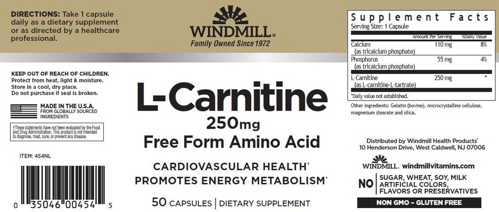 Windmühle L-Carnitin 250 mg Kapseln 50 Count (3 Pack)