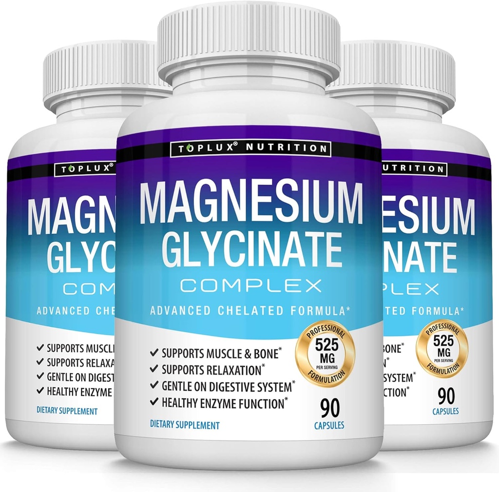 3X Bottles Magnesium Glycinate Complex 525 mg High Absorption 125% DV Chelated - Formulated for Muscle Relaxation & Recovery, Maximum Bioavailability, Vegan for Men Women, 90 Capsules, Toplux