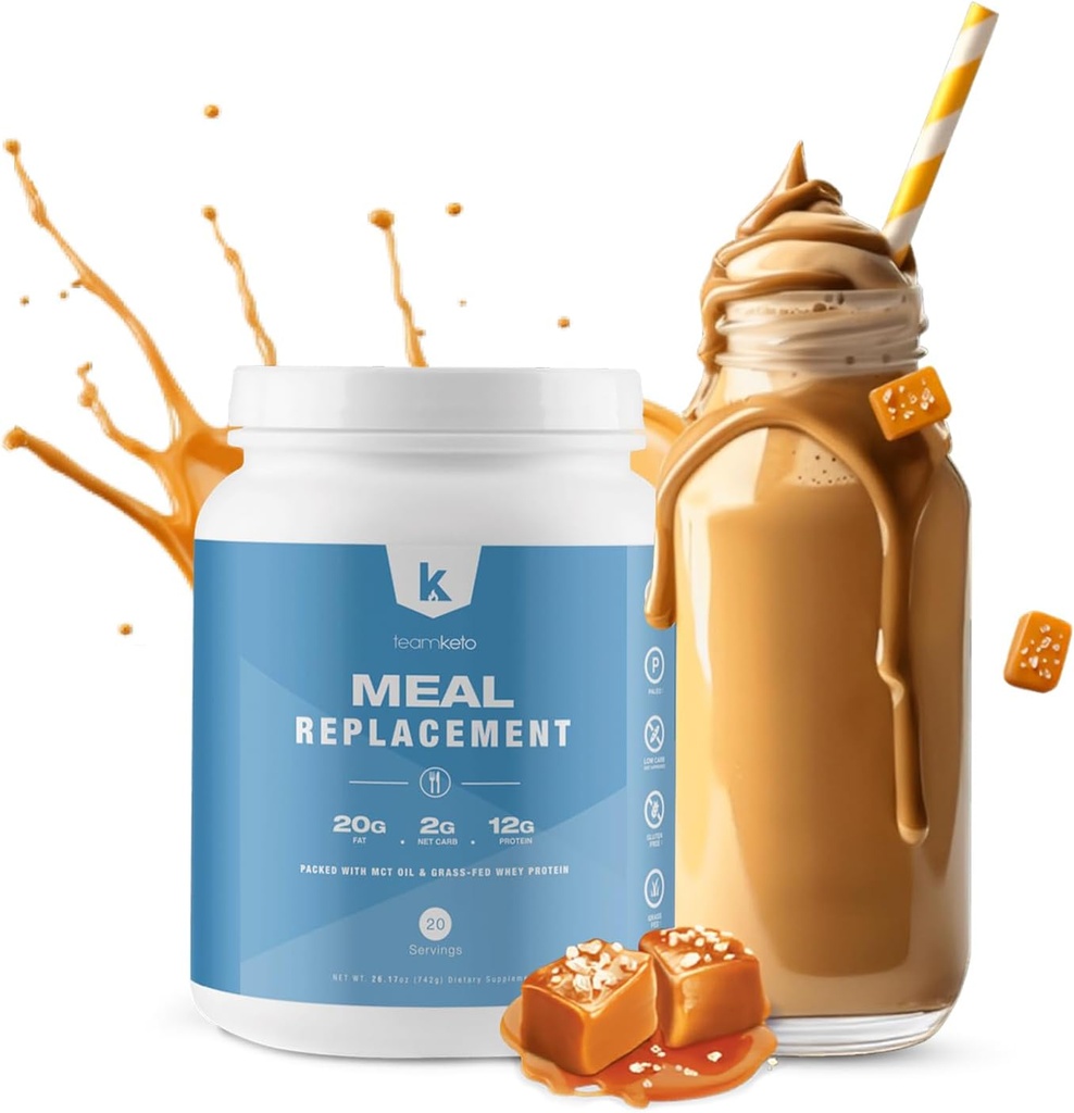 TeamKeto Meal Ersatz-Pulver Glutenfrei Enthält MCT-Pulver, Kokosöl, Gras-Fed Molkeprotein-Pulver & 100% natürliche Aromen für Boost Ketosis- Low Carbs & Energy Boost- 742g- Salted Caramel