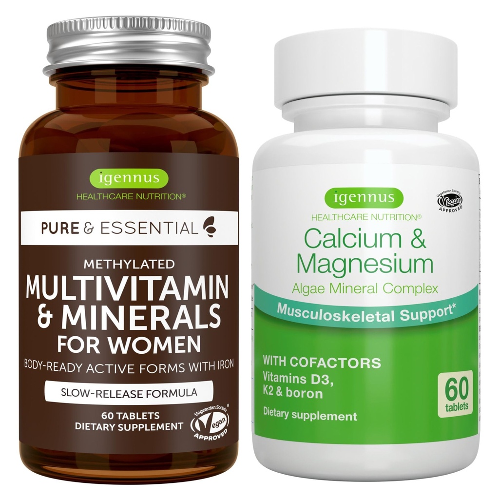 Multivitamin & Mineralstoffe für Frauen + Calcium & Magnesium Complex Vegan Bundle, Sustained Release Advanced Multivitamin + 2:1 Plant Based Algae Mineral Complex, von Igennus