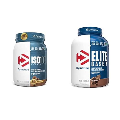 Dymatize ISO100 Hydrolysed Protein Powder, 25g von 100% Whey Isolate Protein, Gourmet Chocolate, 20 Servierungen Elite Casein Protein, 100% Micellar Casein, Rich Chocolate, 4 Pound