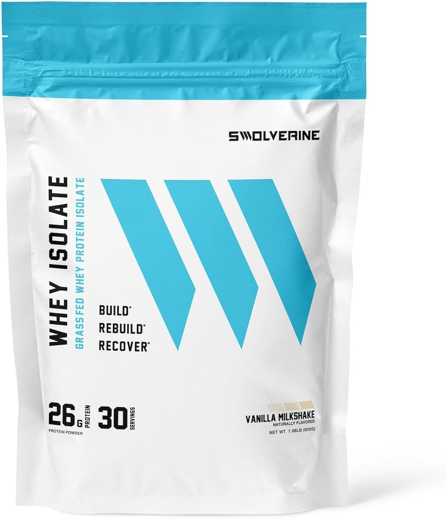 Swolverine Whey Protein Isolate | 26g Protein, Grass-Fed rBGH Free, Non-GMO, Added Digestive Enzymes (30 Servings, Vanilla Milkshake)
