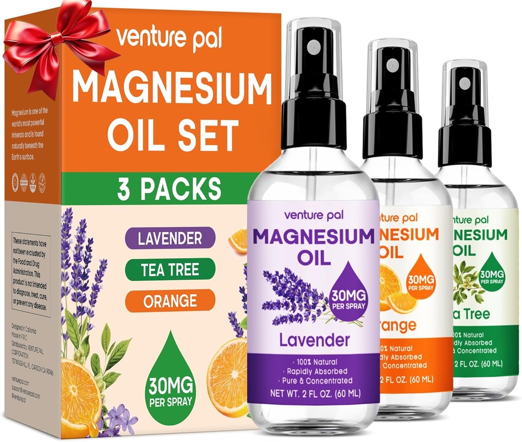 Venture Pal 3-Pack Topical Magnesium Öl Spray Set für Füße – Ideales Geschenk für Entspannung, besserer Schlaf, Muskelentlastung für Beine & Gelenke, Gesundes Haar & Haut. Schnelle Absorption, nicht fettig