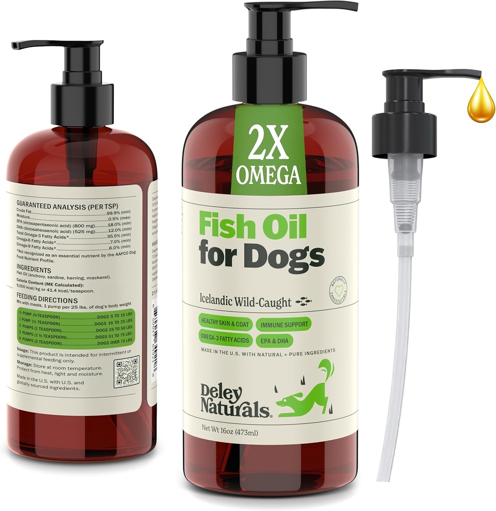 Deley Naturals Hund Fischöl Icelandic 2X Omega - Hund Juckreiz Haut Relief mit Omega 3 6 9 für Allergien, Mantel &amp; Herz - Omega 3 Fischöl für Hunde Haut Irritation - 16oz Omega Öl für Hunde Made in USA