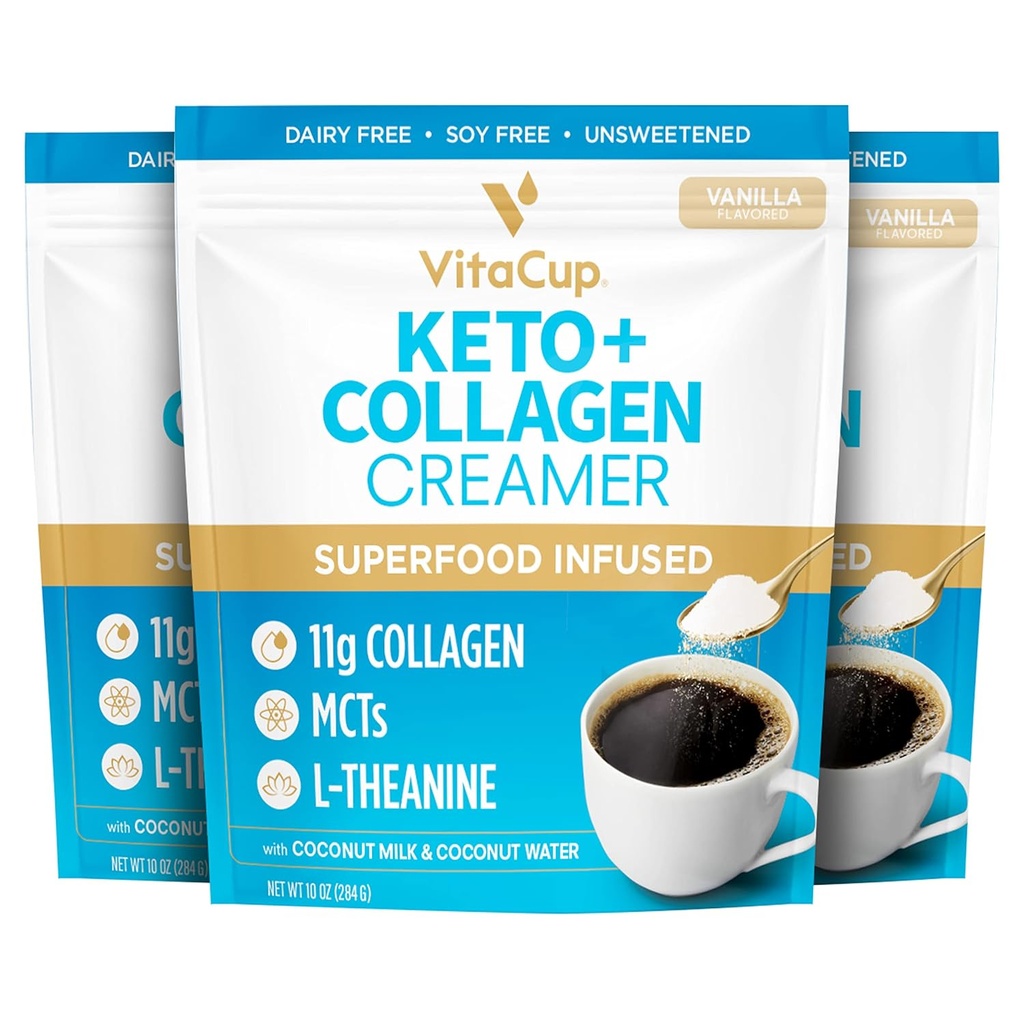 VitaCup Keto + Collagen Coffee Creamer Vanilla Flavor w/MCT, Collagen Protein, Coconut Water, L-Theanine für Keto Diät, Kaffee, Smoothies, & Shakes, Dairy-Free, Gluten-Free, Soy-Free, 3 Taschen, jeweils 10oz