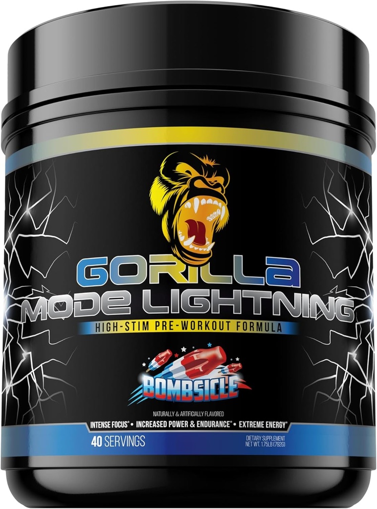 Gorilla Mode Lightning Pre-Workout - Extreme Energy · Laser Focus · Leistungsstarke Pumpen · Peak Performance - 550mg Koffein, 13500mg L-Tyrosin, Alpha-GPC– 792g (Bombsicle)