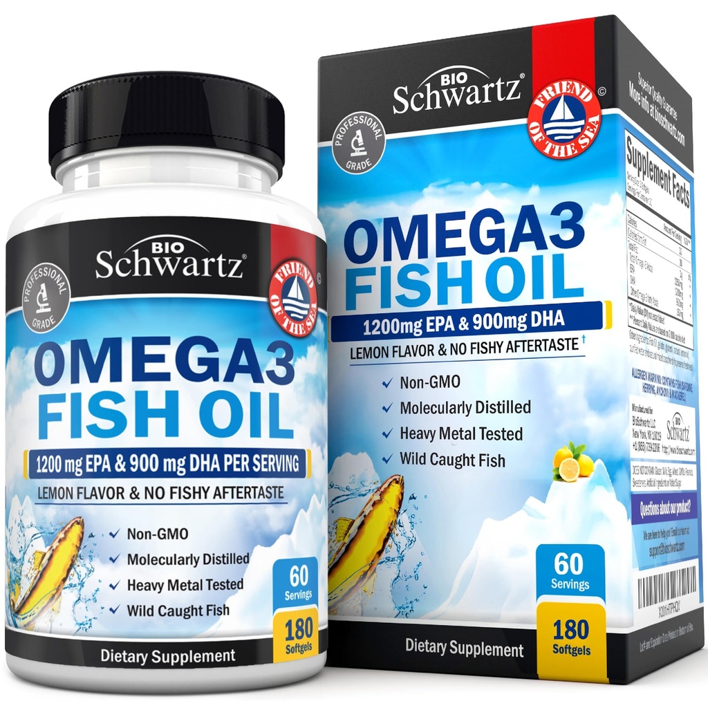 Triple Strength Omega 3 Fischöl-Ergänzung - 2250mg EPA DHA Omega 3 Fettsäuren aus frischen Wild-Tochter-Fische, Burpless Zitronen-Flaschen-Formel unterstützt Augengesundheit und mehr, Glutenfrei, 180 Softgels