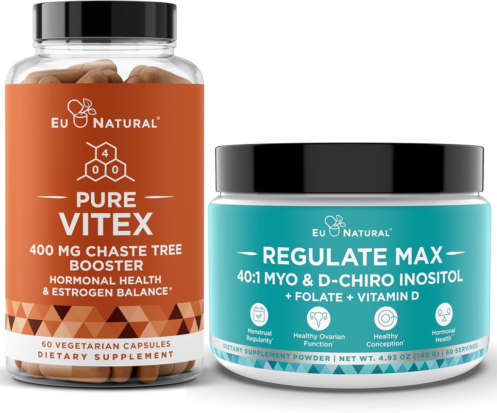 Vitex Chasteberry Kapseln & Regulate Max Myo-Inositol D-Chiro Inositol Pulver - Natürliche PMS & Fertility-Unterstützung, Balance Hormone, Regulate Cycle - 60 Vegan weiche Kapseln + 60 Portionen Inositol Pulver