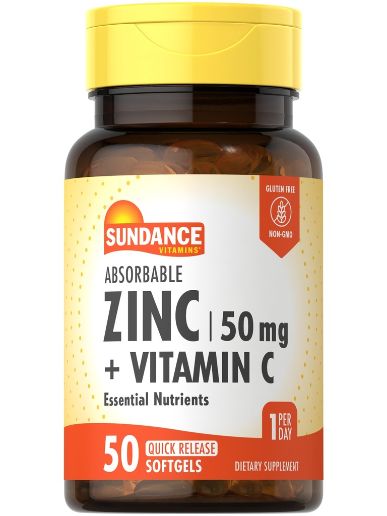 Sundance Absorbable Zink mit Vitamin C | 50mg | 50 Softgels | Essential Nutrients | Non-GMO und glutenfreie Ergänzung