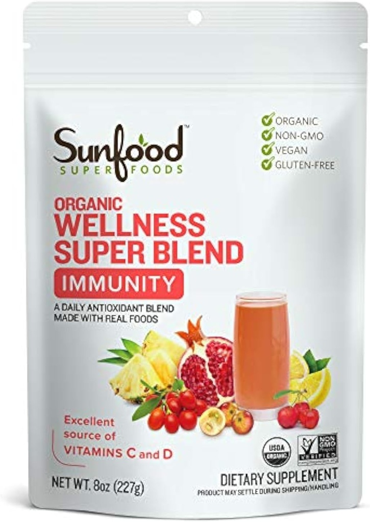 Sunfood Superfoods Bio Super Wellness Blend - Immununterstützung Pulver, Antioxidans Superfood Smoothie Mix für Damen und Herren w/Vitamin C & D, Natural Energy, USDA Organic - 8 oz Bag