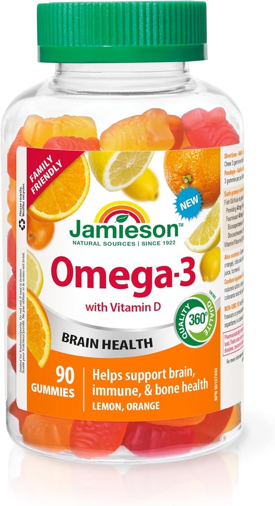 Jamieson Omega-3 Gummis, familienfreundlich, sortierte Obst Aromen, 90 Graf