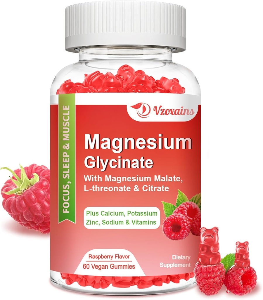 Magnesium-Glycinat-Gummi 600 mg, Magnesium-Gummi für Erwachsene und Kinder, Unterstützung für Entspannung und Muskel, 60 Raspberry Flavored Gummies