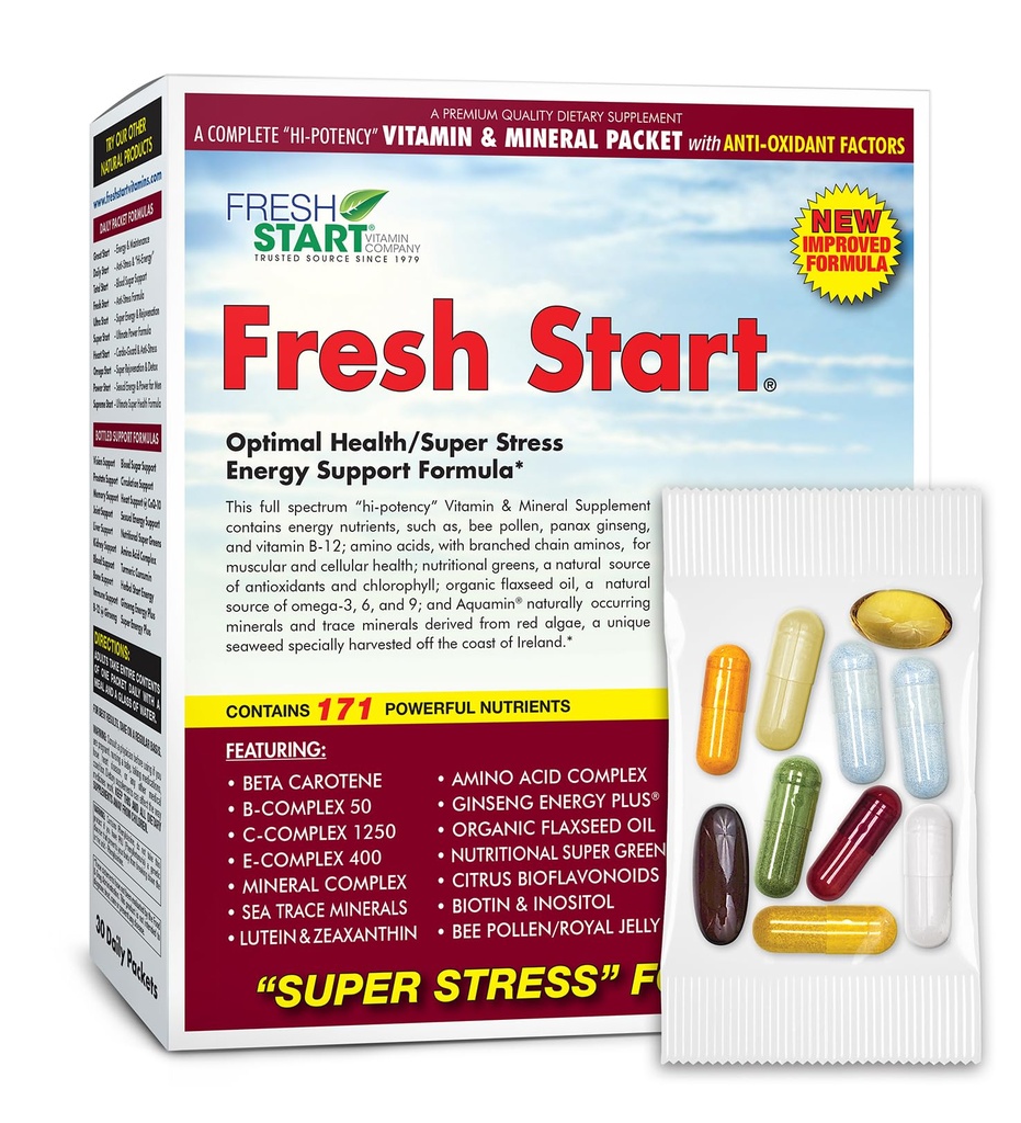 Frischer Start Vollständiges tägliches Vitamin-Pack | Energie-Booster & Stress-Unterstützung | Vitamin A, B, C, D, E, B12, Mineralien, Aminosäuren, Omega-3-6-9, Panax Ginseng, Super Greens (30 Packungen)