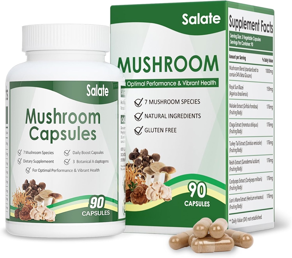 Salate Lion's Mane Supplement Organic Mushroom Extract for Memory and Focus, Immun Support Brain Capsules, 100% Fruit Body Extract, No Mycelium Vegan Mushroom Supplement (90 Caps)