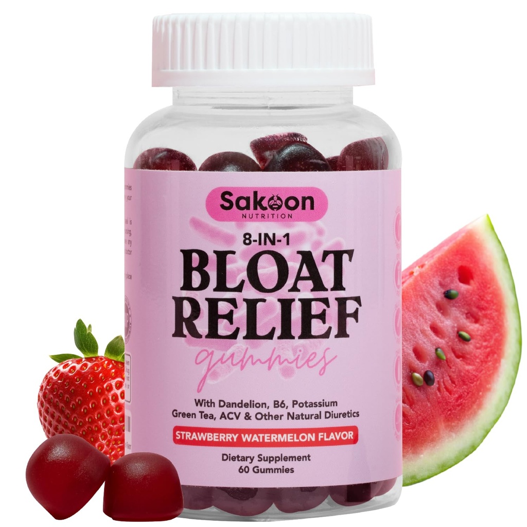 Sakoon Ernährung Bloating Relief Gummi für Damen - Grüner Tee, ACV, Dandelion, Buchu Blatt, Natürliche Verdauungsunterstützung, 60 Gummie, Wassermelone Geschmack