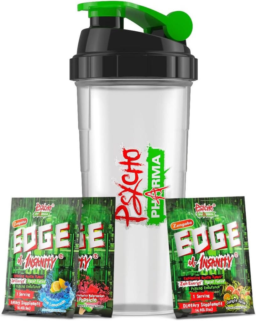 Psycho Pharma Edge of Insanity Pre Workout – Strongest High Stim Powder for Intense Pumps, Strength, Energy & Focus – 3 Sample Flavors + Free Shaker Cup (Jungle Juice, Blue Lemonade, Erdbeere)