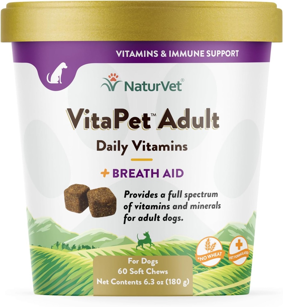 NaturVet VitaPet Adult Daily Vitamins Plus Atemhilfe für Erwachsene Hunde, 60 ct Weichkäse, Made in USA mit Global Source Zutaten