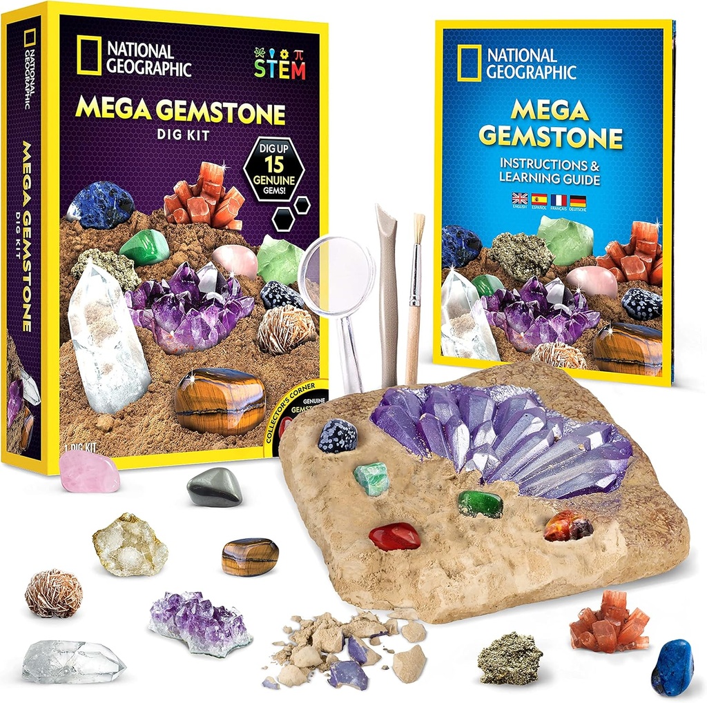 NATIONAL GEOGRAPHISCHE Mega Edelstein-Dig-Kit – Dig Up 15 Real Edelsteine und Kristalle, Science Kit für Kinder, Edelstein-Digging-Kit, Geschenk für Mädchen und Jungen, Bergbau-Kit, Rock Collection