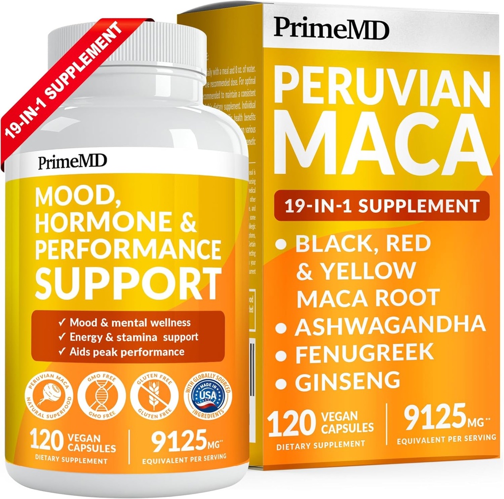 PrimeMD 19-in-1 Peruvian Maca Root Capsules - 9125 mg Ashwagandha Supplements with Maca Fenugreek and Ginseng for Mood, Hormone & Performance Support (120 Capsules)