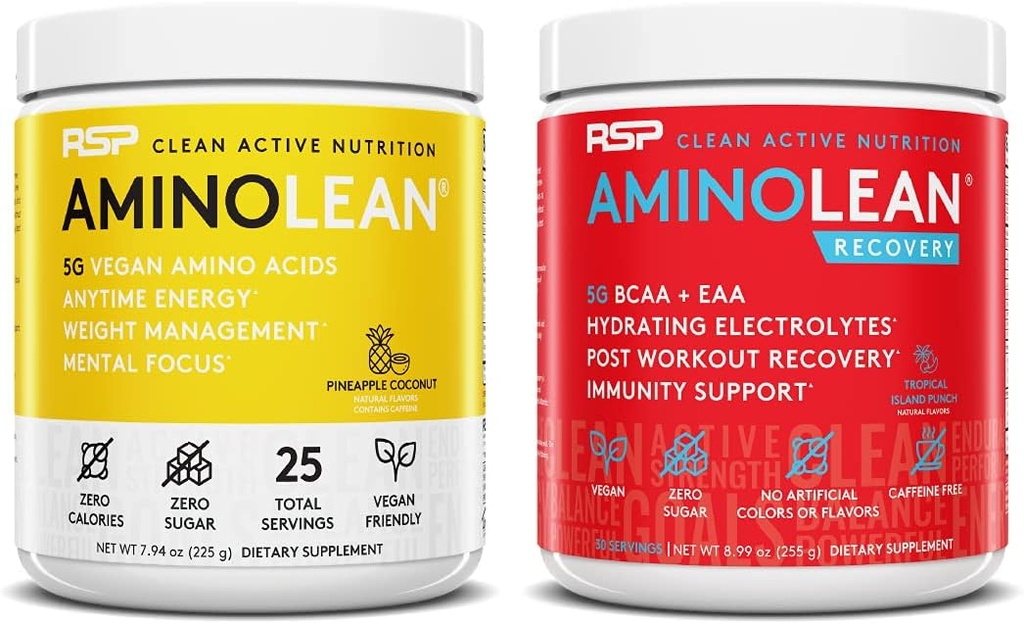 RSP NUTRITION Vegan AminoLean Pre Workout Energy (Pineapple Coconut 25 Servings) mit AminoLean Recovery Post Workout Boost (Tropical Island Punch 30 Servings)