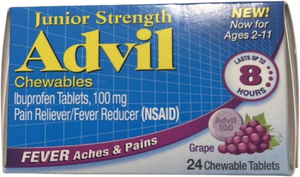 Advil Junior Chewable Ibuprofen Tabletten, Trauben 100mg, 24 Tabletten jeder (Pack von 4)