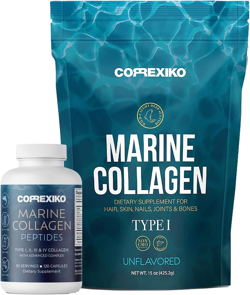 CORREXIKO Marine Collagen Supplement Pillen & Pulver Bundle 1 Monat Versorgung - Inklusive 10.000mg Doppelhydrolysiertes Kollagenpulver 15oz & 1800mg Collagen Peptide 120 Kapseln - für Haar, Haut und Nägel