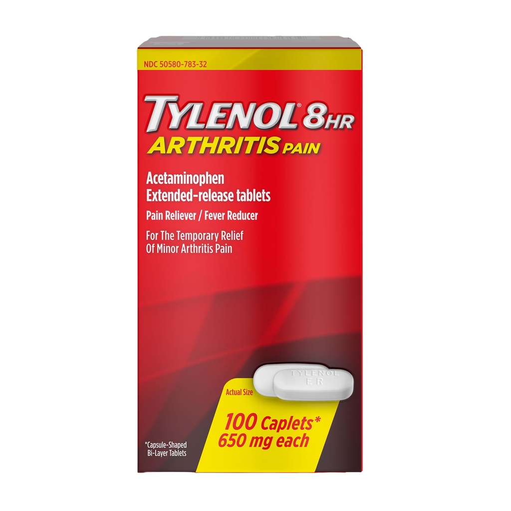 Tylenol 8HR Arthritis Pain Relief Caplets, 650 mg Acetaminophen für minderjährige Arthritis & Gelenkschmerzen, Fever Reducer, Extended Release, Gentle on Stomach, 100 ct