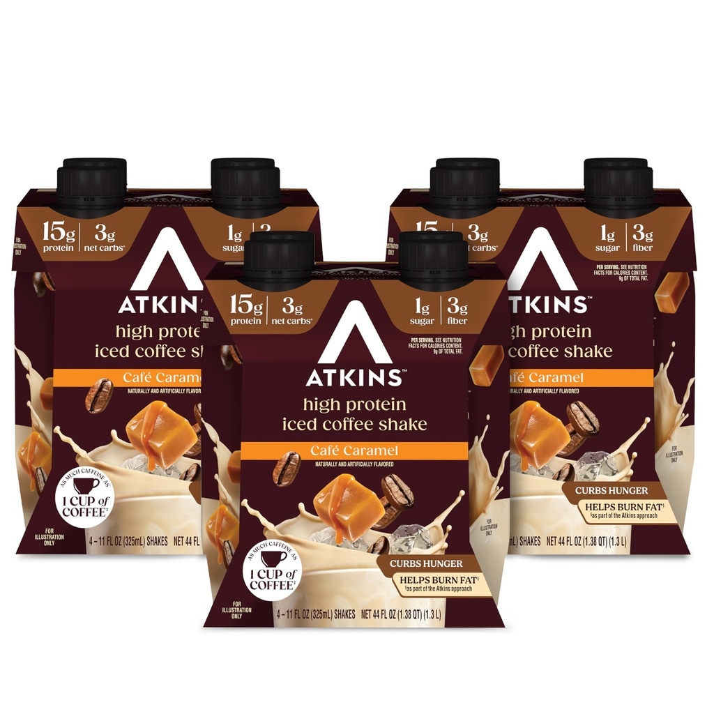 Atkins Café Caramel Iced Coffee Flavored Protein Shake, High Protein Shake, Low Glycemic, Low Carb und Low Sugar, Keto Friendly, Gluten Free, 12 Count