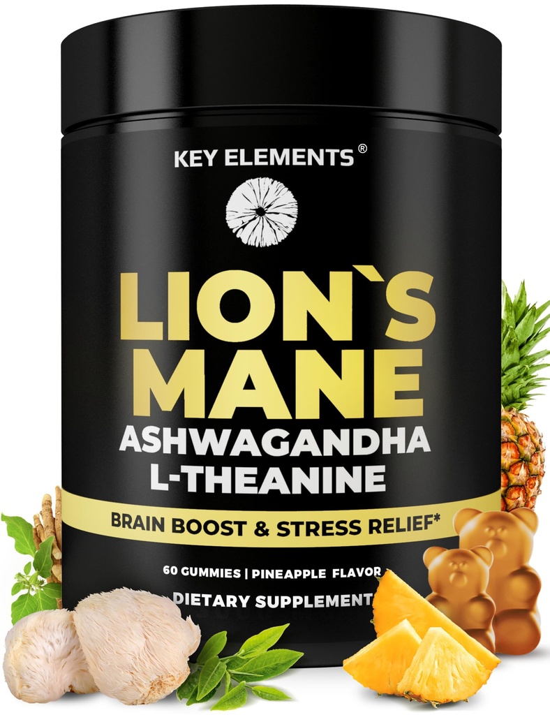 High Strength Extract Bio Lion's Mane Mushroom Gummis mit Ashwagandha & L-Theanine - Potent Lion's Mane Brain Ergänzungen für Gedächtnis & Entspannung - Pilzgummis für Fokus