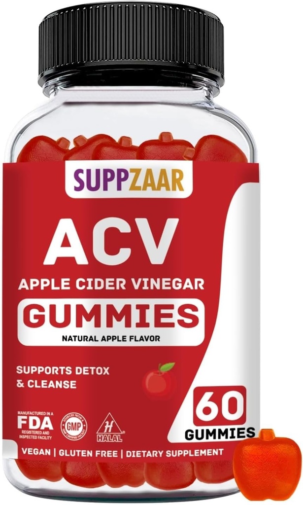 Vegan Apple Cider Essiggummis mit der Mutter, 500mg 60 Servierungen - ACV Gummis für natürliches Detox & Cleanse Immunsystem, Verdauung - Alternative zu Apple Cider Essig Kapseln