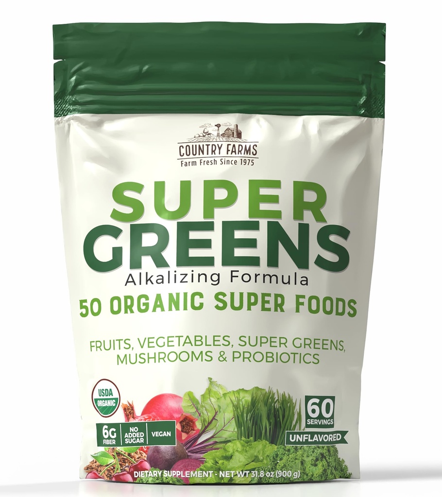 Country Farms Super Greens Natural Flavor, 50 Bio Super Foods, USDA Organic Drink Mix, Obst, Gemüse, Super Greens, mit Fiber, Pilze & Probiotics, unterstützt Energie, 60 Servietten, 900g