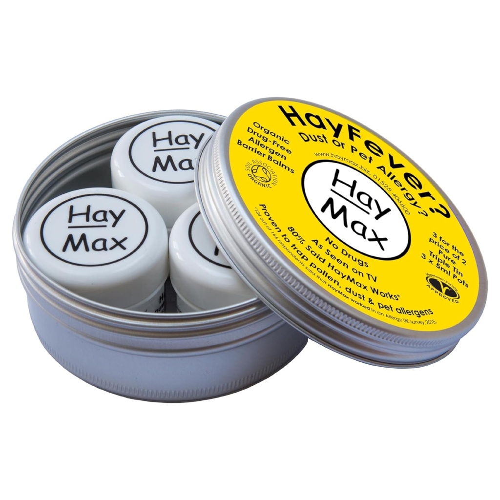 HayMax Allergen Barrier Balm Triple Tin Pure - Paket von 3 - Organisch, Natürlich & Non-Drowsy Hay Fever & Allergy Relief Balm - Traps Pollen, Dust & andere Allergen Partikel - Apply Around The Nose & Eyes
