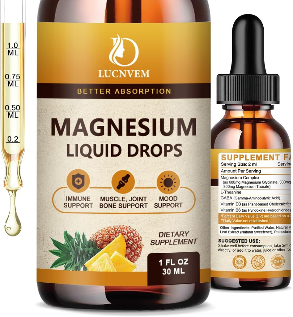 (2 Pack) Magnesium Glycinate Flüssigkeitstropfen mit Citrat und Taurat, High Absorption Magnesium Complex 1200mg mit GABA, L-Theanin, D3 und B6 für Ruhe, Schlaf, Entspannung - Ananas Flavor 2 Fl Oz