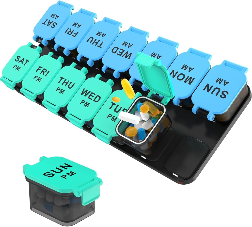 Große 7-Tage-Pille Organizer, XL PM zweimal pro Tag Medizin Aufbewahrungsbox, Big 2 Wochen Pillenhalter für Pillen, Vitamine und Ergänzungen, Reise Pillen Fall für Medikamente(Blue+ Cyan)
