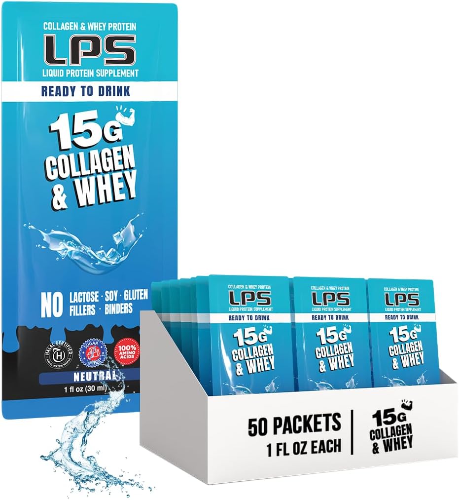 LPS Liquid Collagen & Whey Protein Supplement - Non-GMO Drink, Sugar-Free - fördert gesunde Haut und Haar für Männer & Frauen, Neutral, Single Serve (50 Packets)