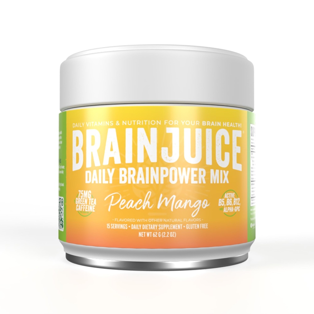 BrainJuice Nootropics Brain-Supplement, Glutenfreies Pulver für Energie und Fokus, Getränk Mischung mit L Theanin, Alpha GPC, Vitamin B, Bio-Grün-Tee-Extrakt Koffein, Peach Mango, 15 Portionen