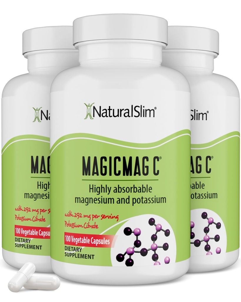 MagicMag C von NaturalSlim, Magnesium Citrat mit Kalium für Muskelentspannung, Schlafqualität, Nervenfunktion & Elektrolyt-Unterstützung, Tägliche Magnesiumergänzung für Männer und Frauen, 100 Kapseln 3pk