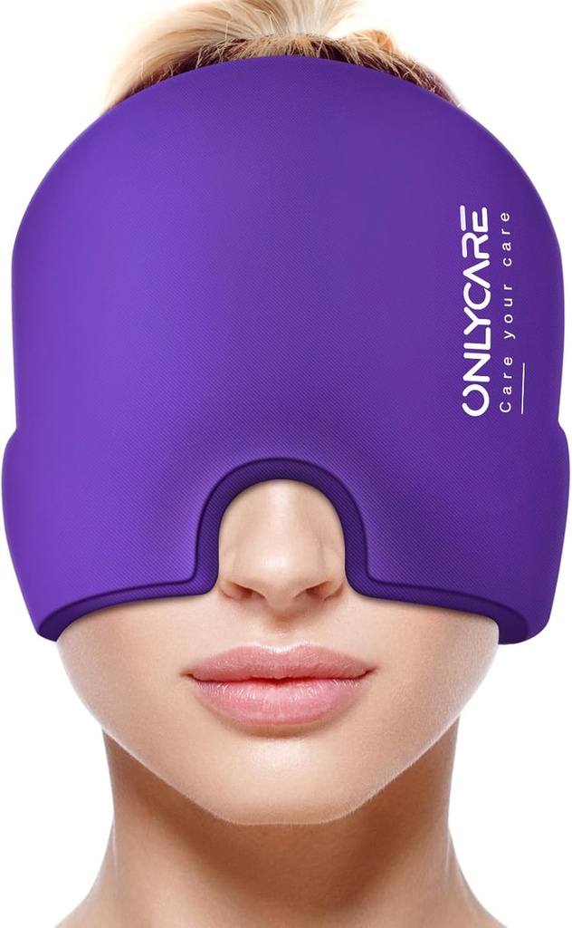 ONLYCARE Migraine Relief Cap, beruhigende Kopfschmerzen Hat, Upgrade Odorless Gel Ice Head Wrap, Heiße und kalte Therapie, Kopfschmerzen Ice Pack für Spannung und Stress (Purple)