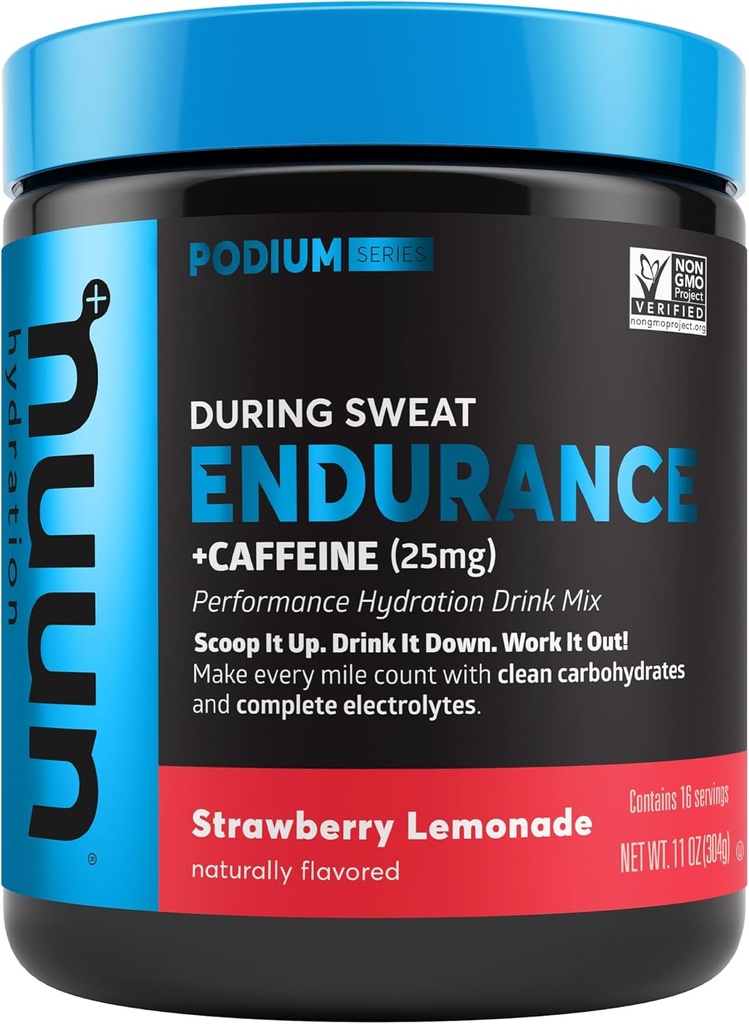 Nuun Hydration Endurance Powder, Erdbeer-Lemonade + Koffein, Workout-Unterstützung, 5 essentielle Elektrolyte für Hydration + Kohlenhydrate, Vegan, Non-GMO, (16 Servietten - Kanister)