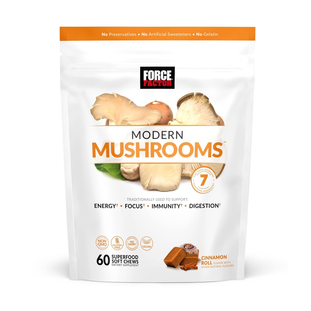 Kraftfaktor Moderne Pilze Weiche Chews, Pilz-Ergänzung mit Lions Mane, Türkei Tail, & Cordyceps zu unterstützen Energie, Fokus, Immunität, & Digestion, Cinnamon Roll, 60 Soft Chews
