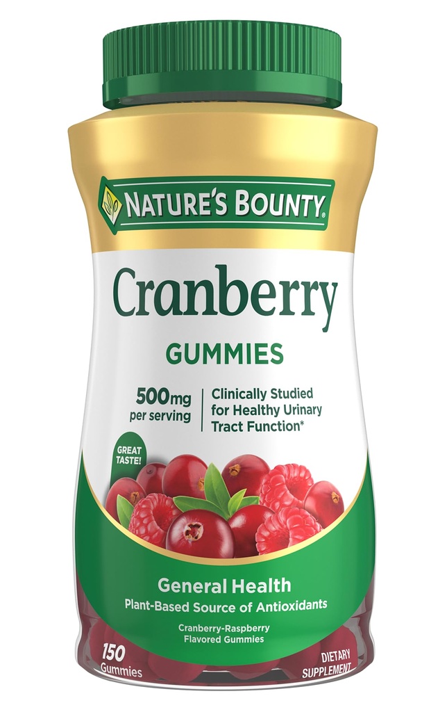 Nature's Bounty Cranberry Gummis, Urinary Tract Support, 500 mg, Cran-Raspberry Flavor, 150 Ct