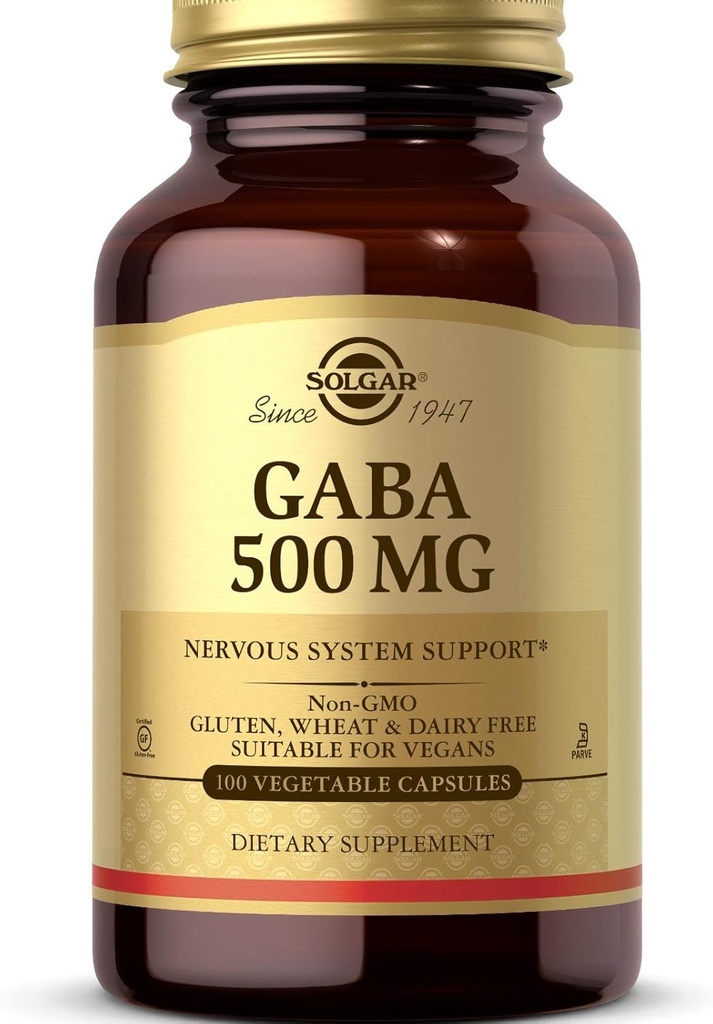Solgar GABA 500 mg, 100 pflanzliche Kapseln - Relaxation & Nervous System Support - Aminosäure - Non-GMO, Vegan, Glutenfrei, Dairy Free, Kosher - 100 Portionen