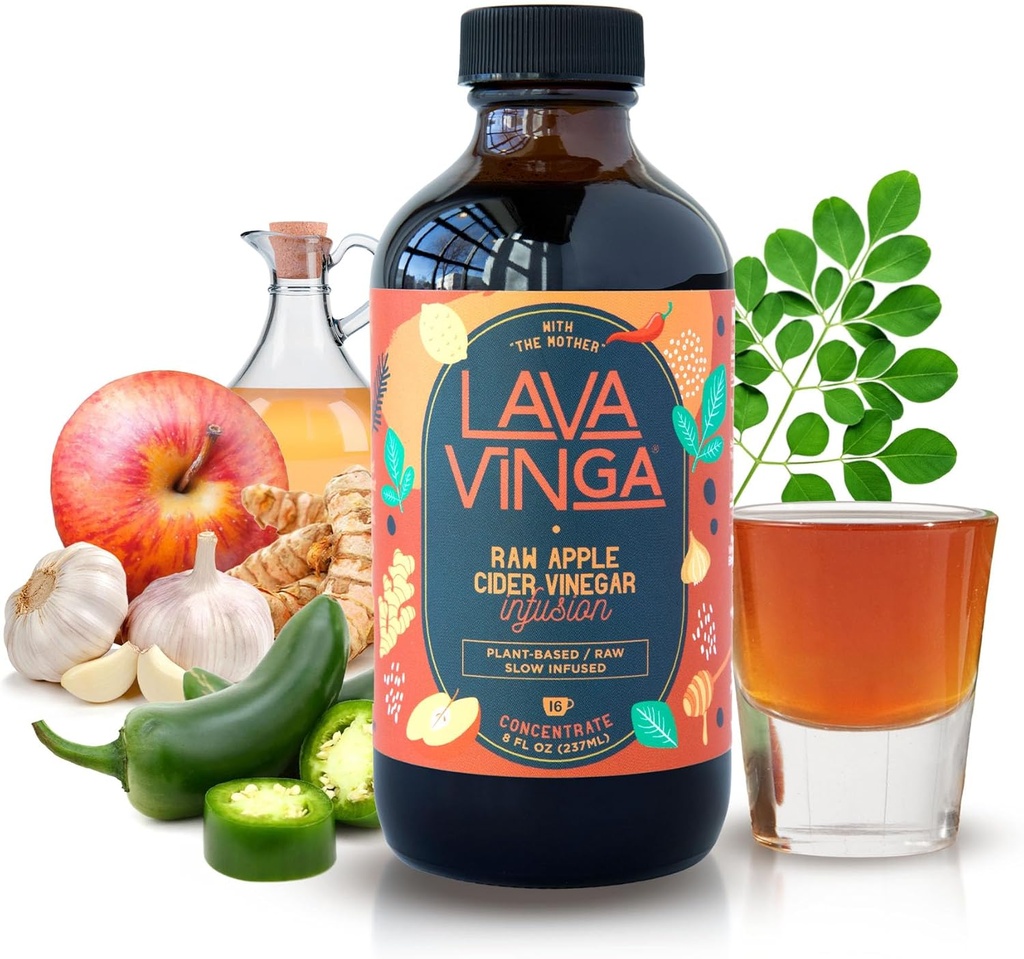 VINGA Lava Raw Apple Cider Essig Feuer Cider mit kalt gepressten Moringa Oleifera, 8 Unzen, Natürliche Kälte und Flu Remedy und Immunsystem Booster, Antioxidant Rich Superfood mit 92 essentiellen Nährstoffen