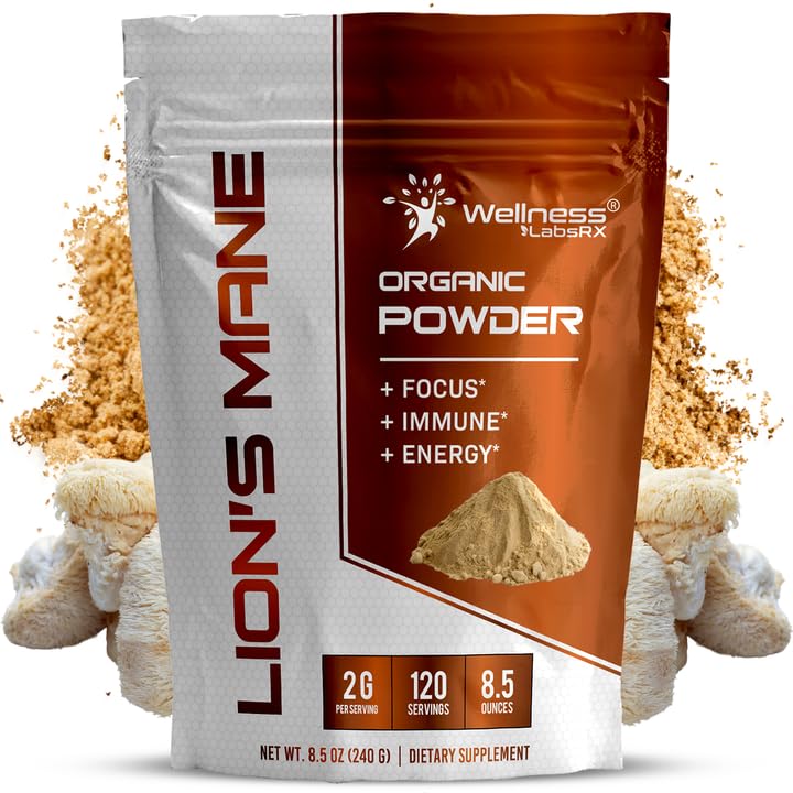 WELLNESS LABSRX Lions Mane Powder, Mushroom Supplement - 2000mg - Lions Mane Supplement - Lion's Mane Mushroom Powder Brain Ergänzungen für Gedächtnis und Fokus, Immununterstützung und Gesundheit - 120 Portionen