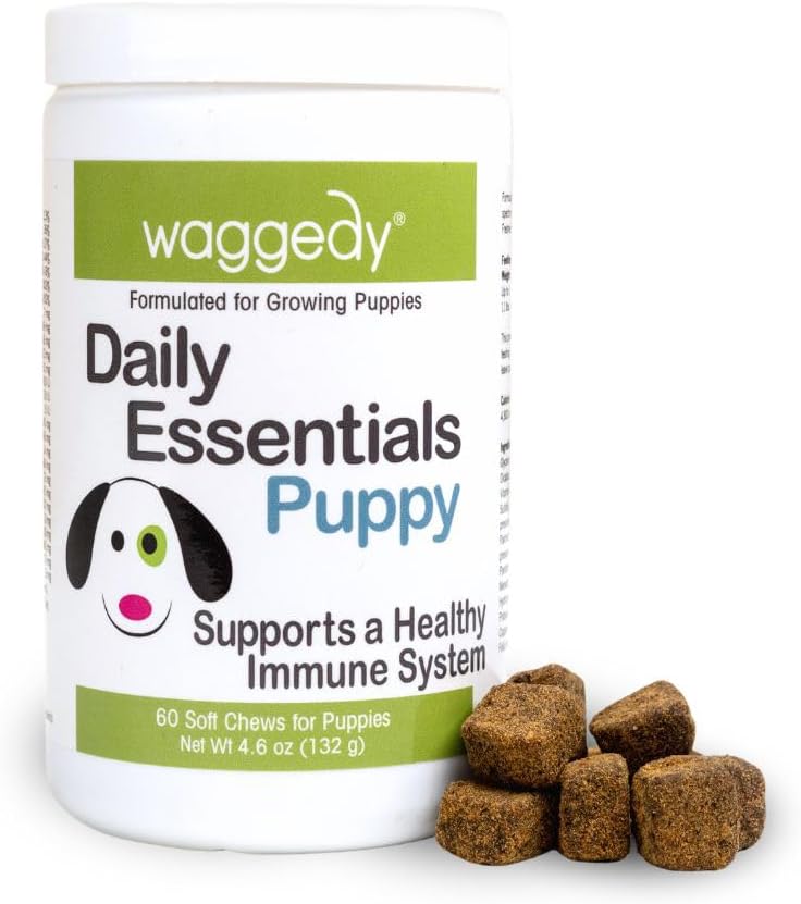 waggedy Daily Essentials Puppy – Full-Spectrum Functional Treats, Small or Large Breed Puppy Supplements – Dog Supplements & Vitamins – Dog Essentials for Puppies (60 Chews)