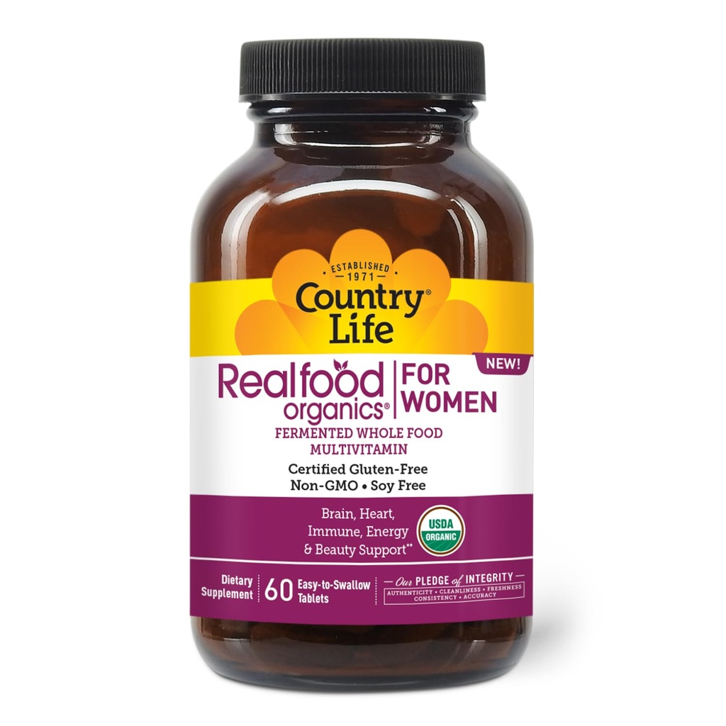 Country Life Realfood Organics Women’s Multivitamin – USDA Organic, Vegan, Gluten-Free – 1.300mg Fermented Whole Foods, Vitamine D, E, B, Folate & Biotin – Daily Energy & Beauty – 60 Tabletten
