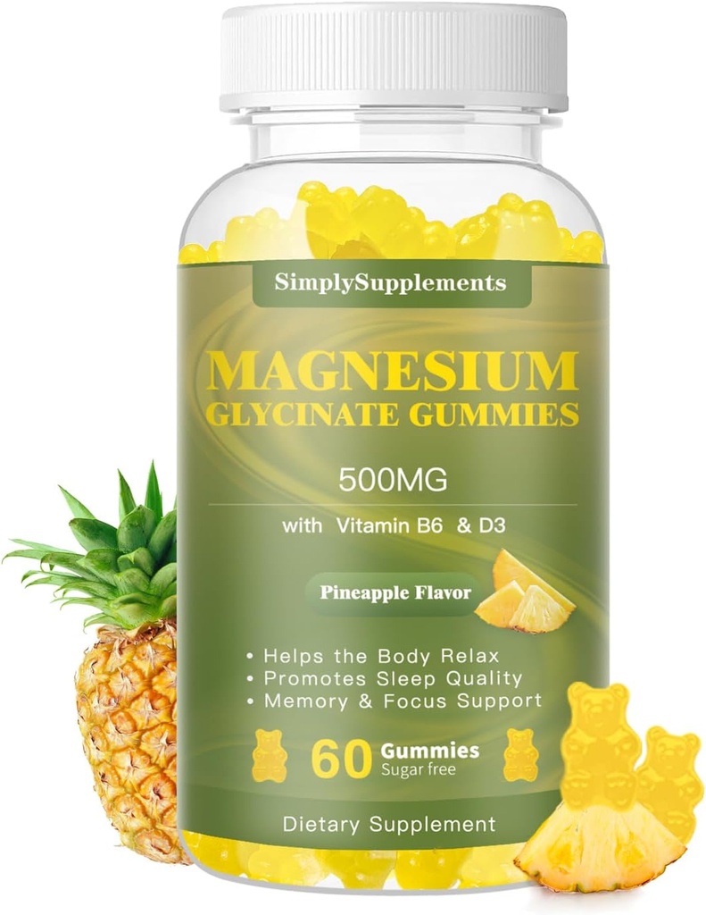 Magnesium Glycinate Gummies 500mg, Kaubare Magnesiumergänzung mit Vitamin D3, B6, CoQ10, zur Entspannung, Schlaf &amp; Stimmungsunterstützung, Kalm Magnesium Gummy - 60 Ananasgummis