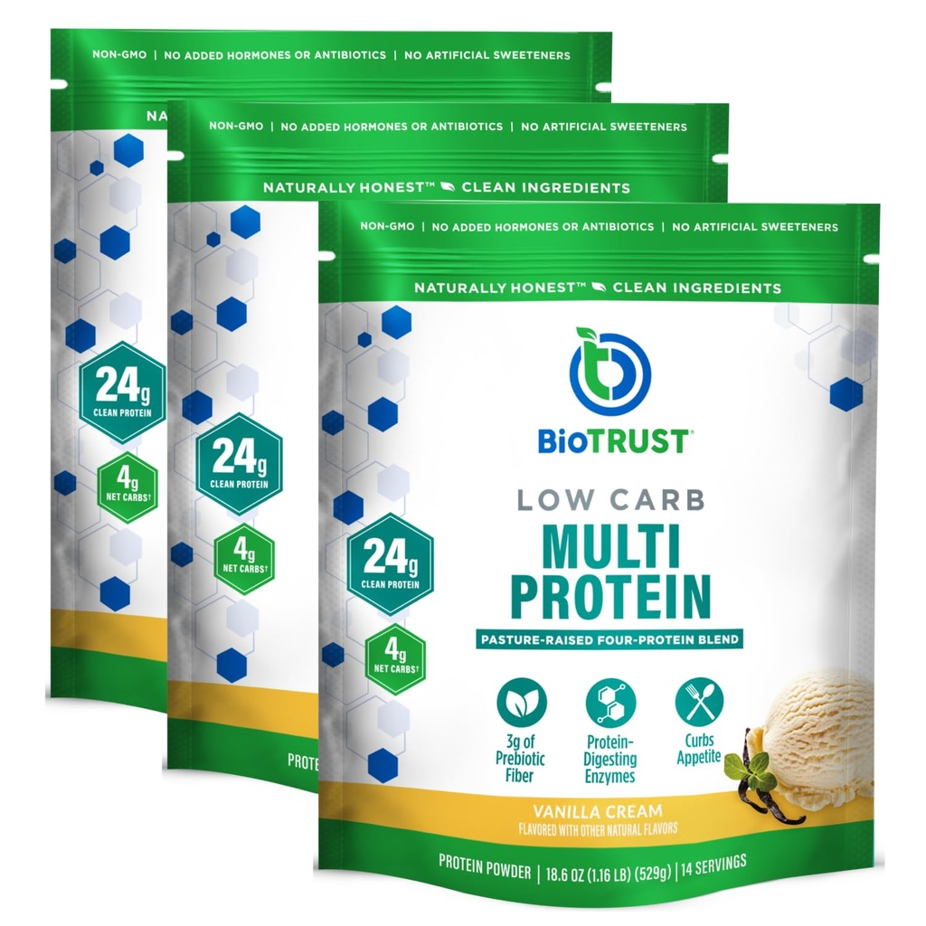 BioTrust Low Carb Protein Pulver – Natürliche und leckere Whey & Casein Mischung aus Grass-Fed Hormon Free Cows – Non GMO, Soy Free, Glutenfrei, Hormonfrei (Vanilla, 3-Pack)