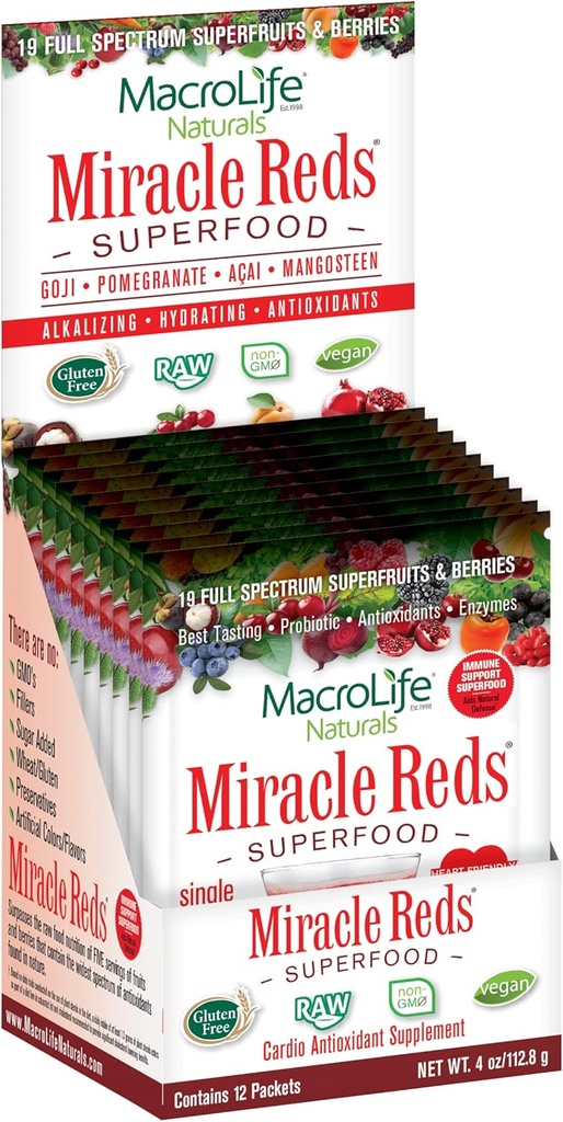 MacroLife Naturals Miracle Reds Superfood Supplement Pulver Antioxidantien Polyphenole Enzyme Probiotics - Raw Non-GMO Organic Vegan Gluten & Dairy Free (12 Packung)